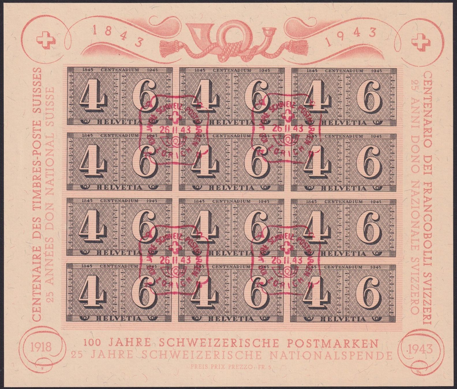 Tutti i francobolli: 1943, LUXUSBLATT W16, tadelloser Block, Kat: 80.-+ – Usato da Sursee venduto da Luzernerraute