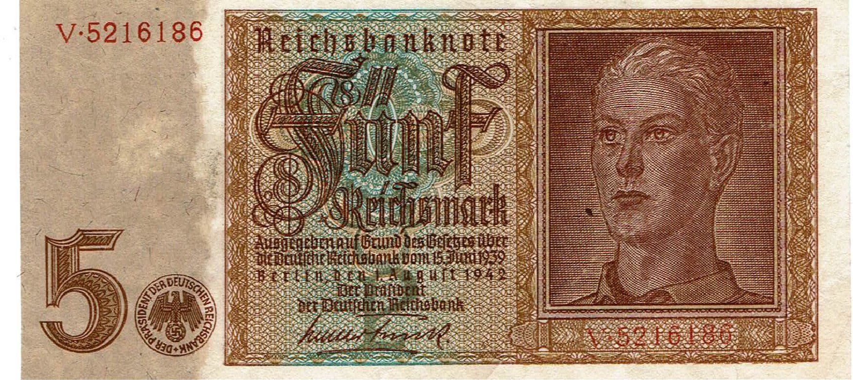Banconote: Berlin 5 Mark rote KN 1942 SS++-VZ – Usato da Steffisburg venduto da ber_8htf