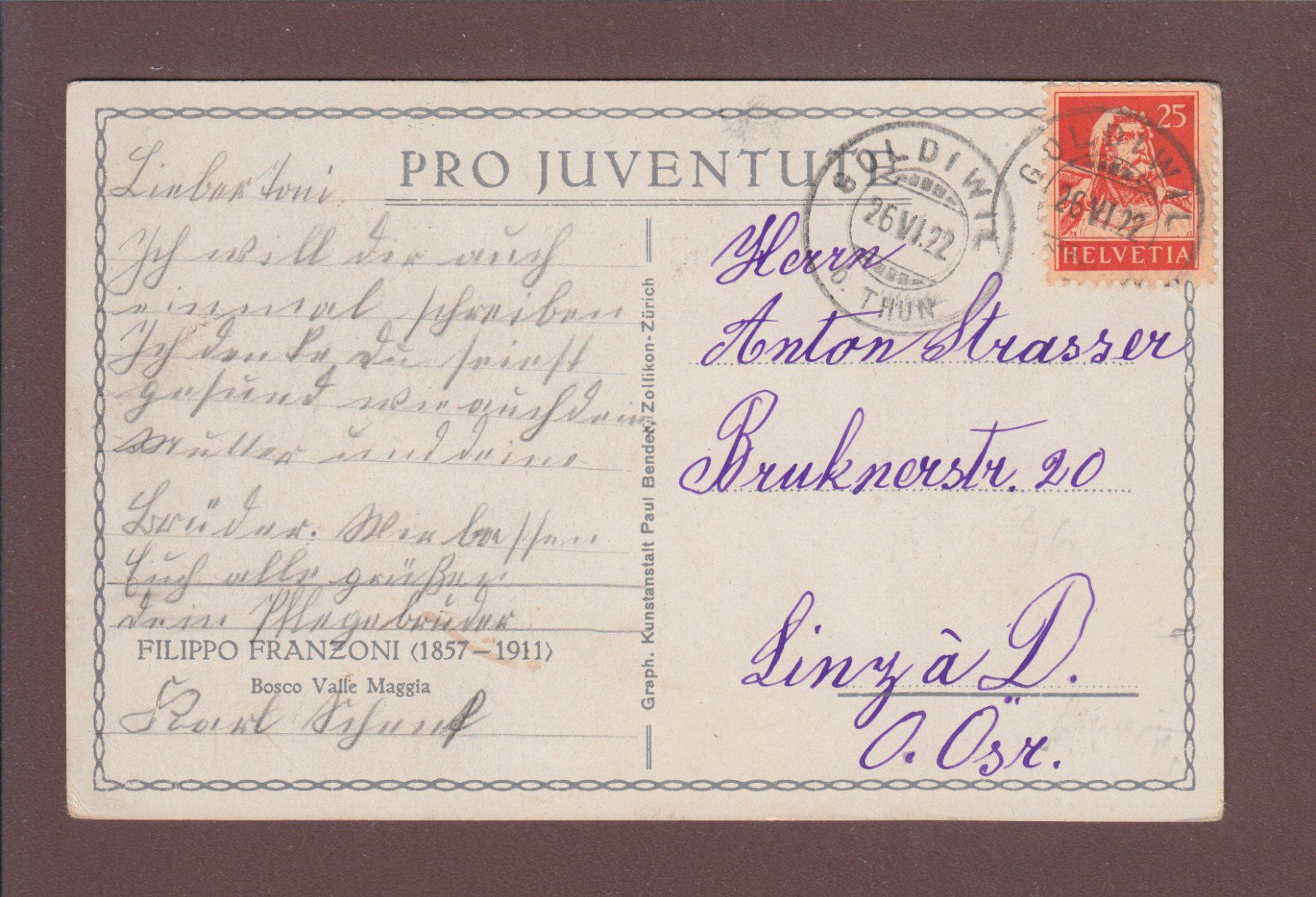Cartoline postali: Pro Juventute - BOSCO VALLE MAGGIA - 1922 – Usato da Pully venduto da nicecards 1
