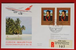 LIECHTENSTEIN FLUGPOST ERSTFL. AIR MAURITIUS PORT LOUIS 1985