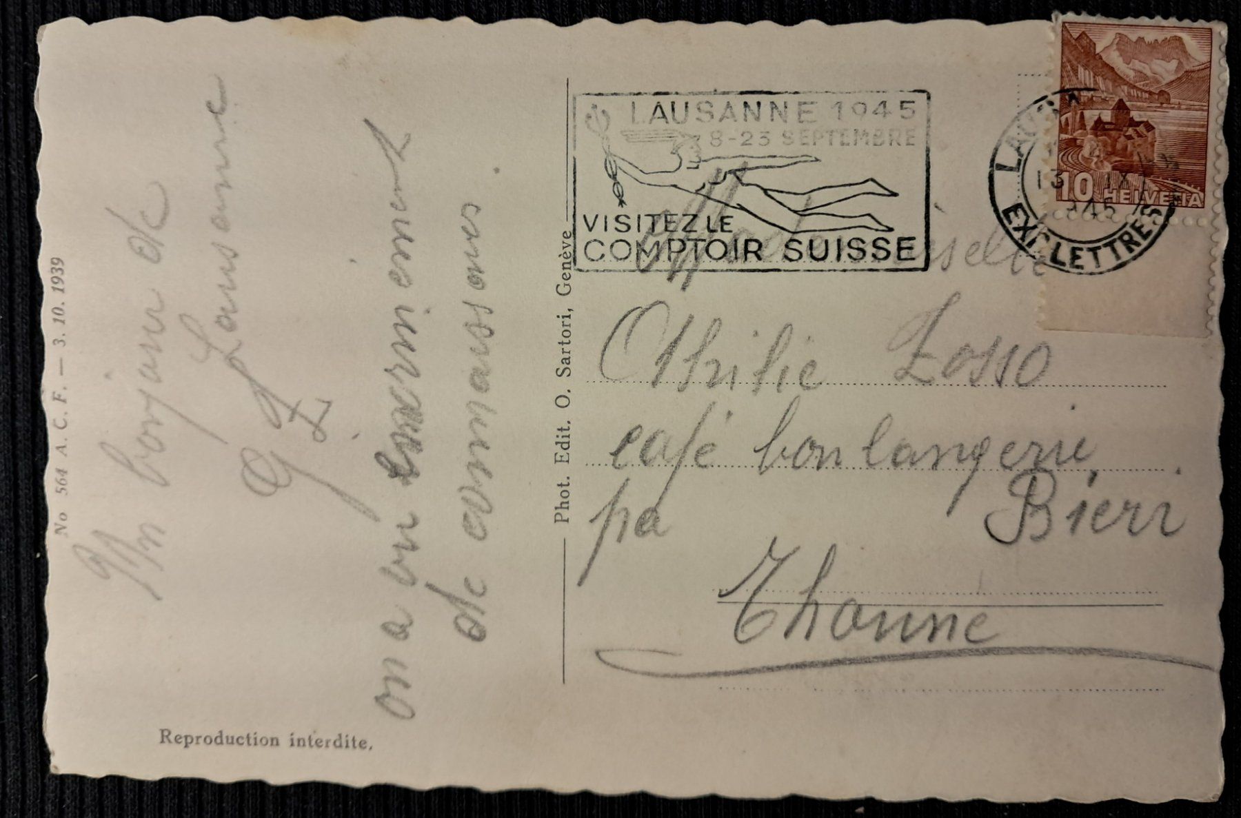 Cartoline postali: CP LAUSANNE 1945 - ANIMEE – Usato da Ponto Valentino venduto da giorgia06 1