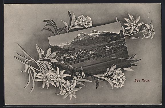 Cartoline postali: Bad Ragaz, Teilansicht mit Bergen, Edelw – Usato da Berlin venduto da bartko-reher