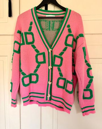 Pinke Strickjacke mit grünem Muster, Grösse M, Top Zustand