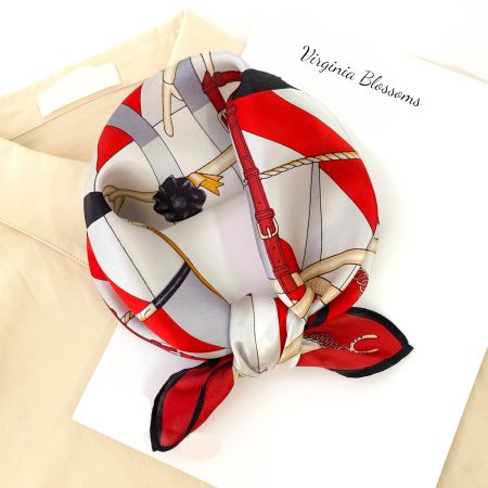 New 53cm Silk Scarf, Nautical White and Red Neckscarf