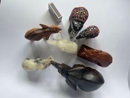7 Elefanten Dekofiguren Holz, Speckstein, Mosaik Vintage
