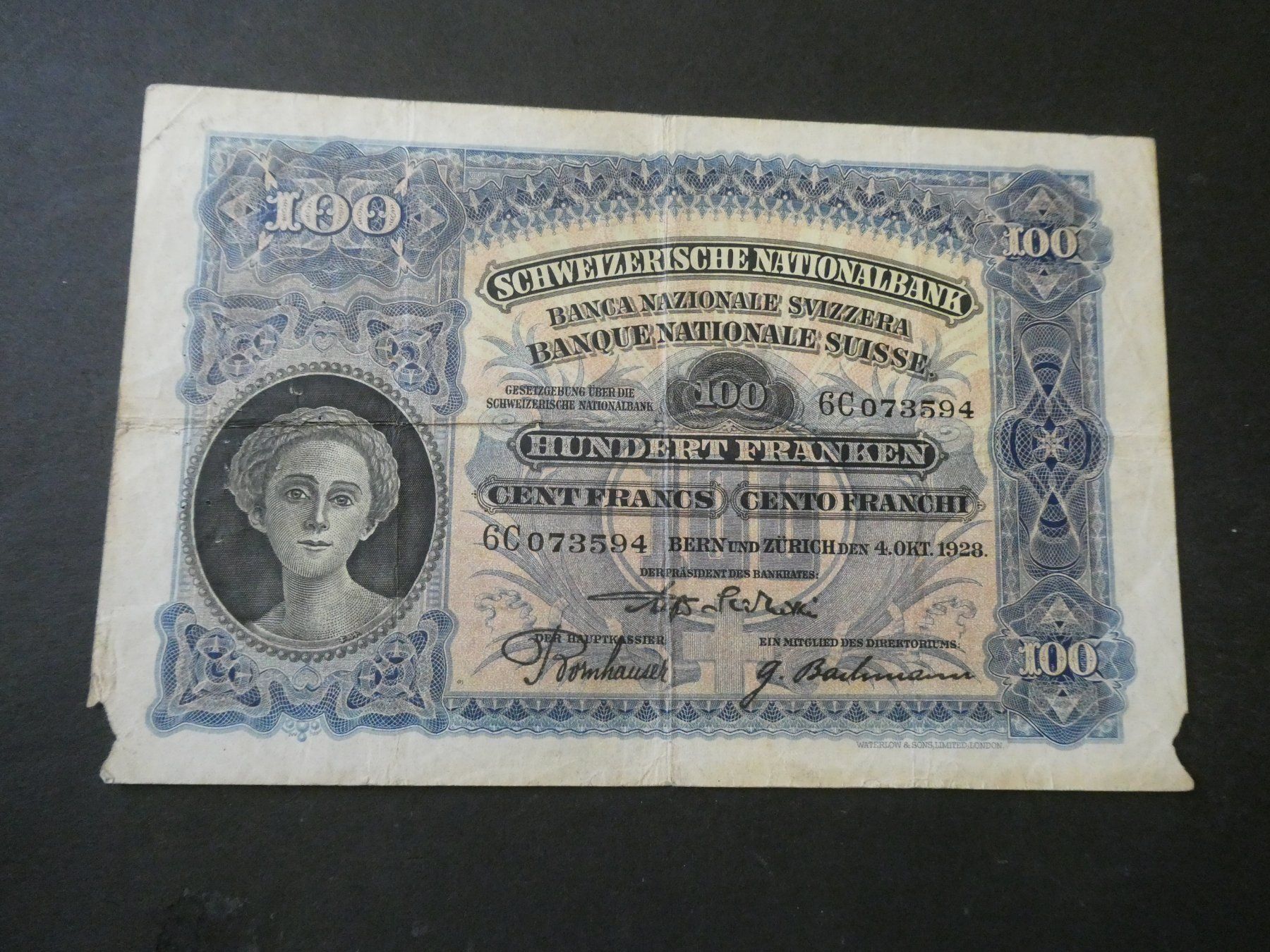 Banconote: Schweiz 1928, 100 Franken – Usato da Hinterforst venduto da rohusri