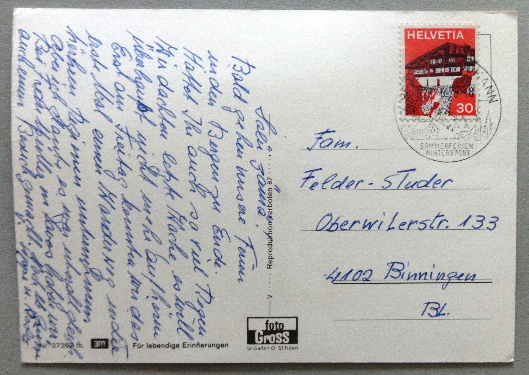 Cartoline postali: Sellamatt - Alt St. Johann – Usato da Fétigny venduto da Billy2miny 1