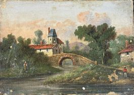 Scuola Svizzera del XIXe s Dipinto paesaggio, 34cm x 21cm
