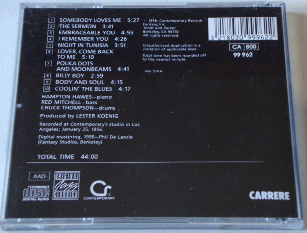 CD: Hampton Hawes [Fantasy] Red Mitchell, Chuck Thompson – Usato da Unterbäch venduto da gond 1