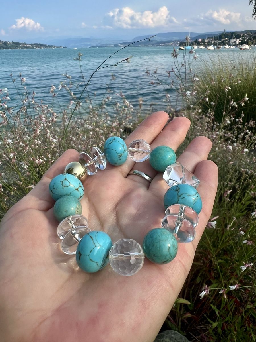 Bracciali & Braccialetti: Turquoise & Rock Crystal Bracelet Gold Plated – Nuovo e nell'imballaggio originale da Rüschlikon venduto da ThereseJewelryDesign 2
