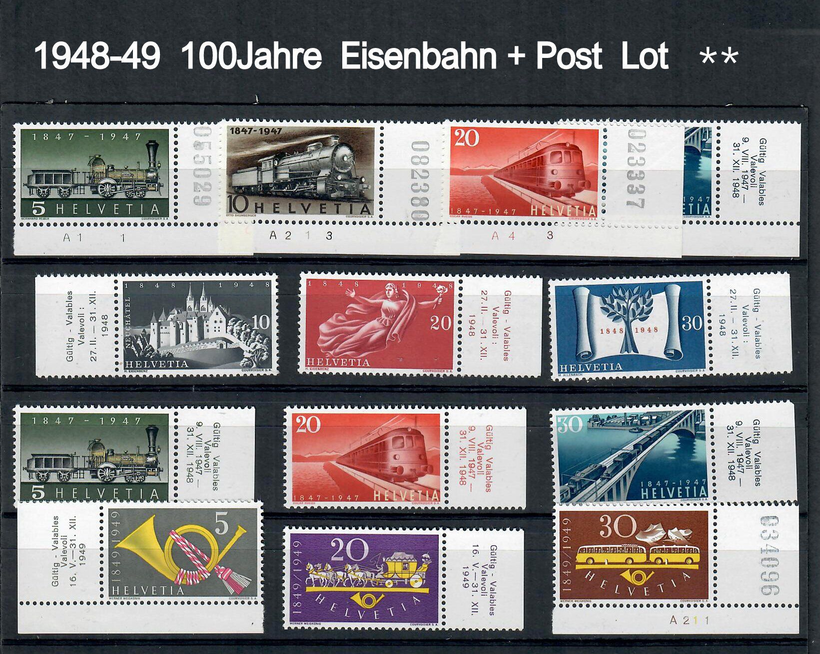 Tutti i francobolli: 1948-49  Lot-100 Jahre Post-Eisenbahn Postfrisch mit Tabs – Nuovo e nell'imballaggio originale da Bützberg venduto da Die.6.a