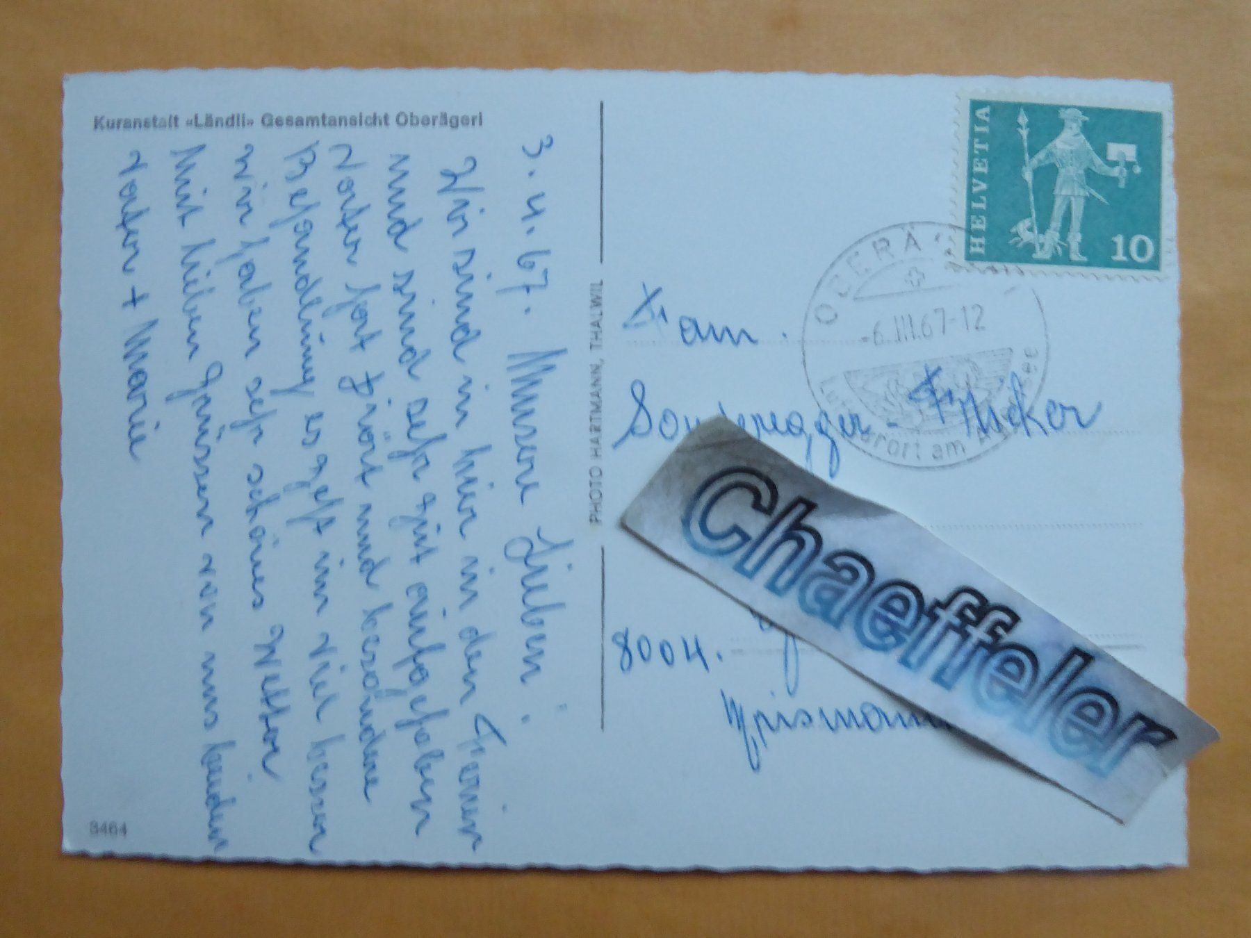 Cartoline postali: 1967 Kuranstalt " Ländli " Oberägeri – Usato da Zürich venduto da Chaeffeler 1