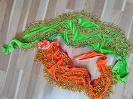 Belly Dance Hip Scarf Orange Green Beaded Tassels Costume