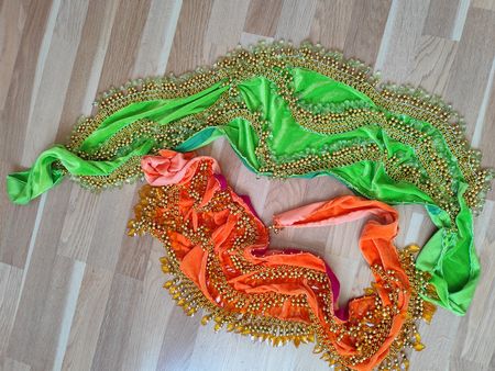 Belly Dance Hip Scarf Orange Green Beaded Tassels Costume