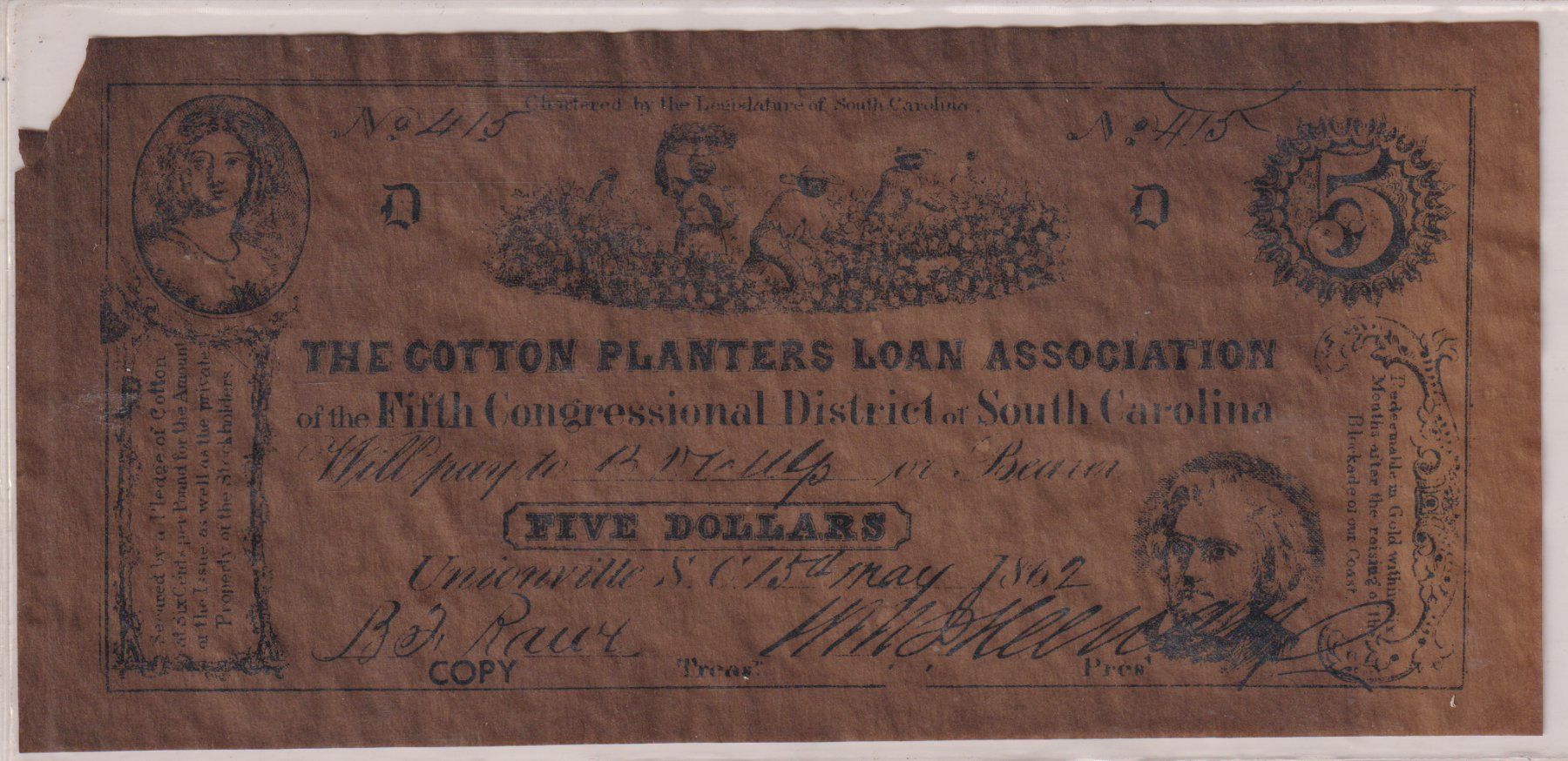 Banknoten: 5$ Note 'The Cotton Planters Load Assoc.' 1862 – Gebraucht aus Eschlikon TG von PhilCon