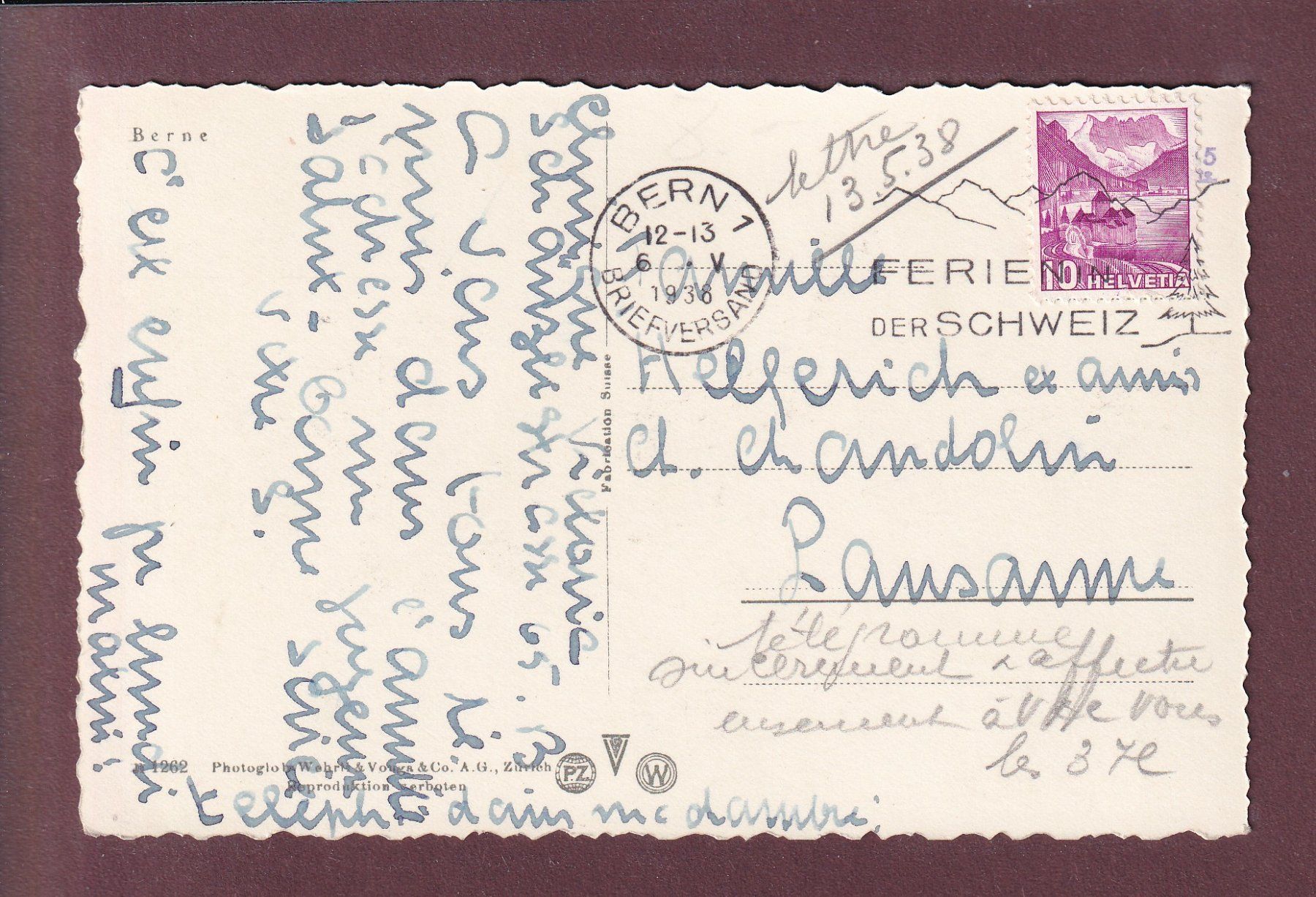 Ansichtskarten: BERN - 1938 – Gebraucht aus Pully von nicecards 1
