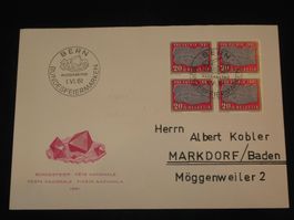 Pro Patria FDC 1961 4-Block, Nr. 105, "Versteinerter Fisch"