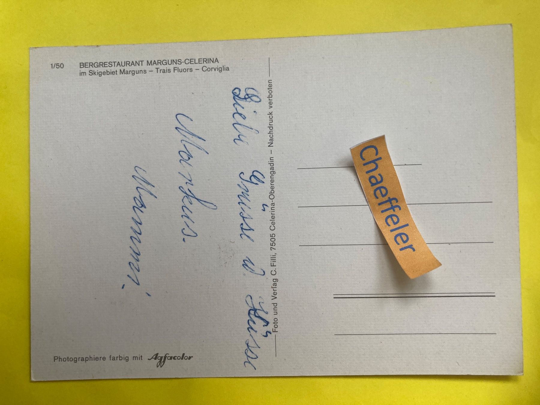 Ansichtskarten: Bergrestaurant Marguns Celerina – Gebraucht aus Zürich von Chaeffeler 1