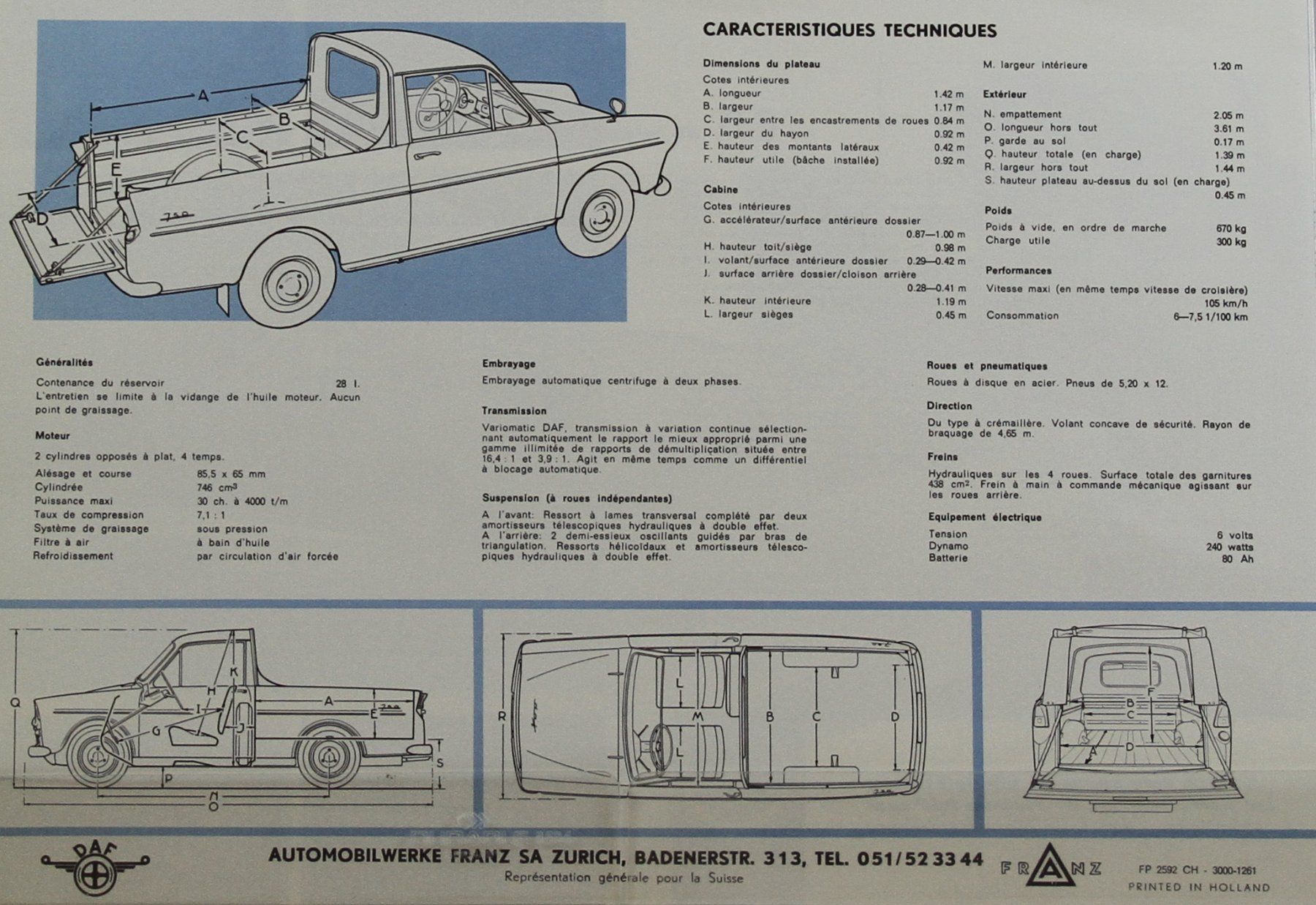 Daf Dokumente: PROSPEKT  | DAF 750 PICK-UP - VARIOMATIC | AB 12.1961 - FR – Gebraucht aus Unterägeri von GIGOLOLIT 1