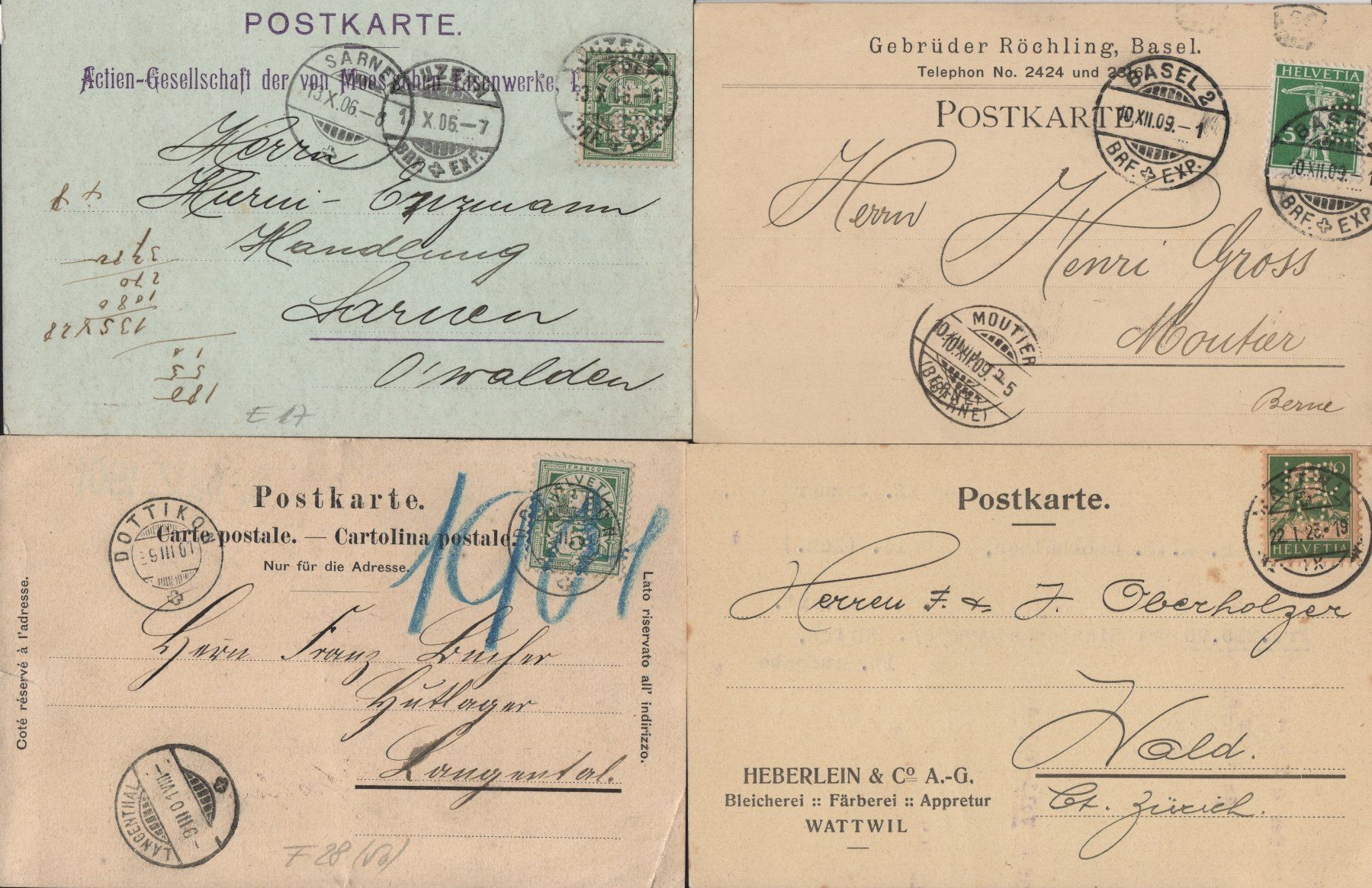 Alle Briefmarken: 4 seltene Schweizer Perfins Belege – Gebraucht aus Eglisau von Chperfins