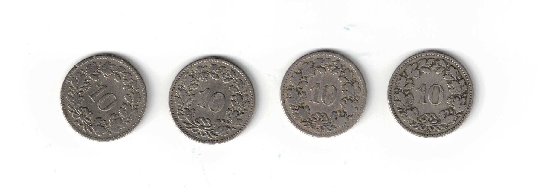 Alle Münzen: 4 alte 10 Rappen  1882, 1884, 1897, 1908 – Gebraucht aus Bottmingen von Golferin 1
