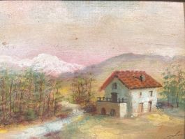 🟢   Landschaftsgemälde mit Haus und Bergen