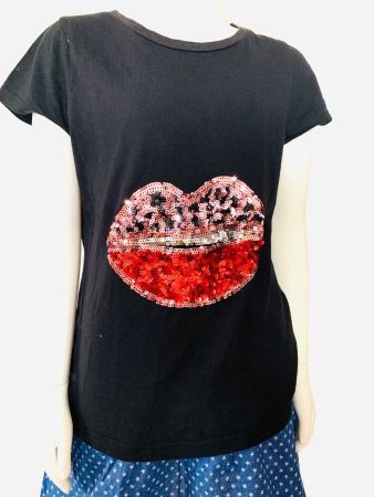 Top schwarz T-Shirt mit Pailletten Lippen Gr. 146/152