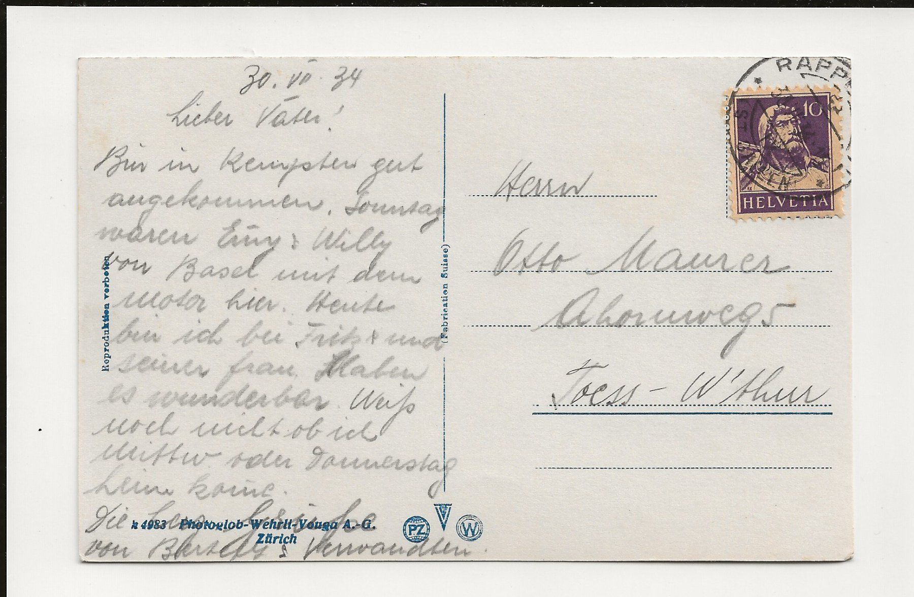 Cartoline postali: AK 1934 Rapperswil mit Zürichsee – Usato da Greifensee venduto da 315WDO 1