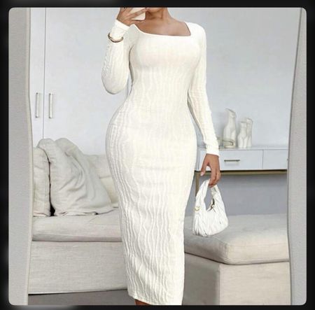 White long sleeve bodycon midi dress #bodycon #party #evenin