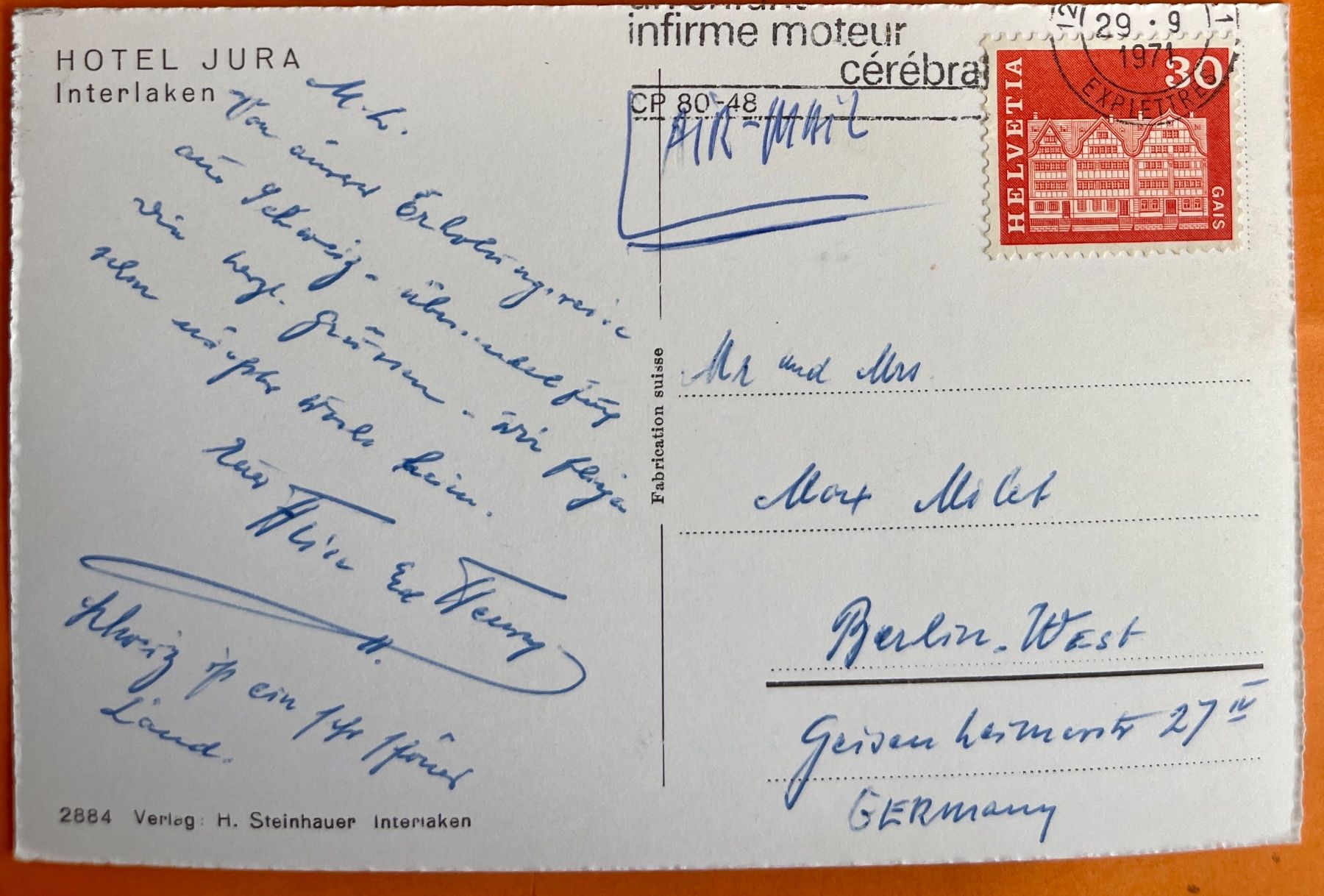 Cartoline postali: INTERLAKEN - Hotel Jura 1971 – Usato da Lutry venduto da Ediego 1