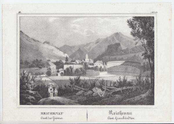 Incisioni: REICHENAU GRAUBÜNDEN, LITHOGRAPHIE 1840 – Antico da Grüningen venduto da Kartensammler 2