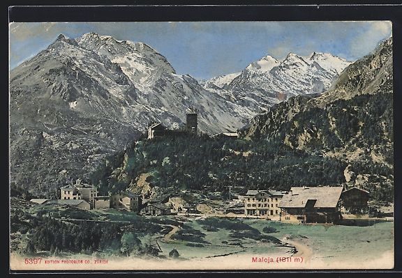 Cartoline postali: AK Maloja, Ortspartie mit Bergen – Usato da Berlin venduto da bartko-reher