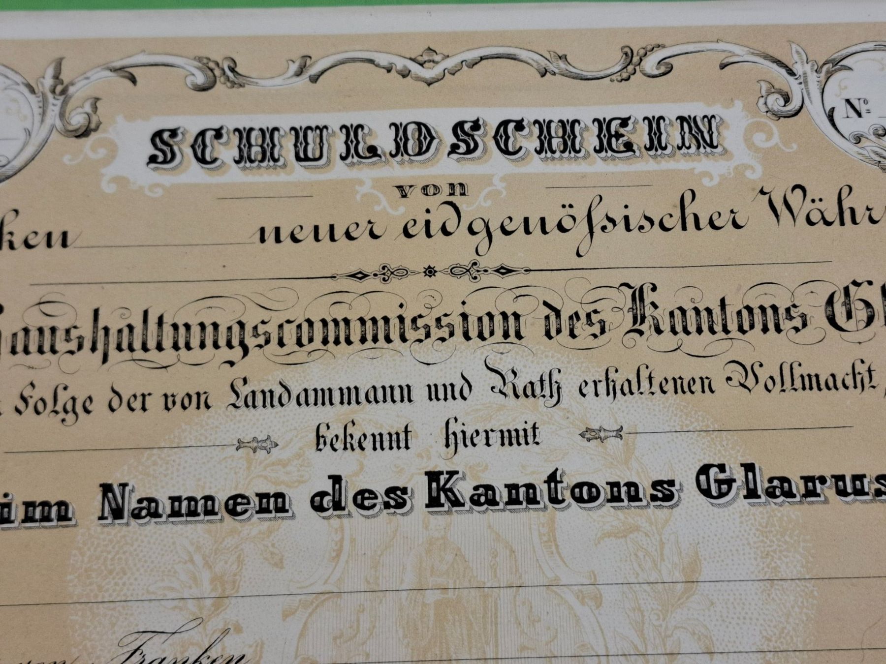 Documenti: Schuldschein Kt. Glarus 1852 – Difettoso da Schwanden GL venduto da Suvorov 1