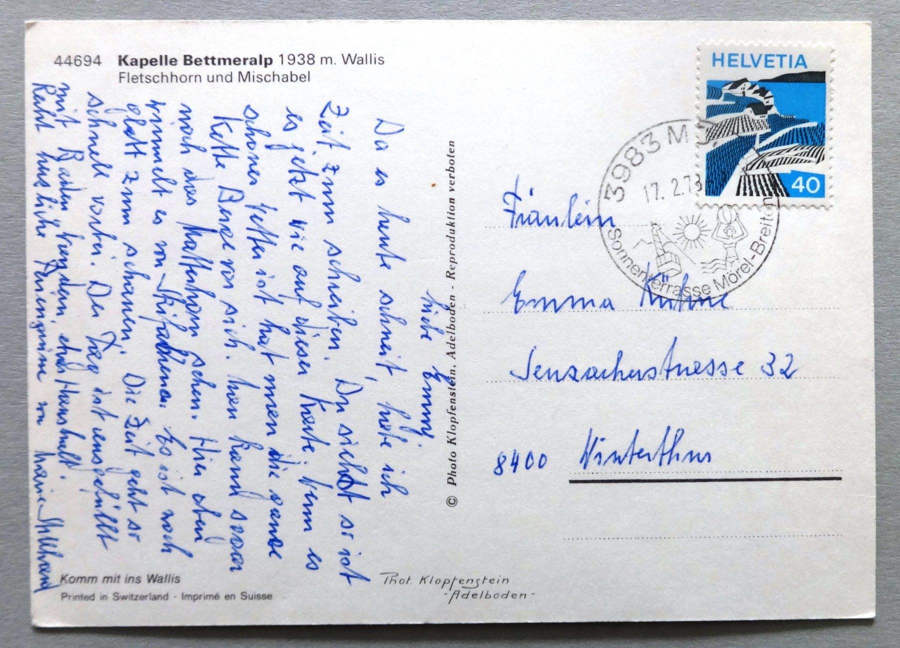 Cartes postales: Kapelle Bettmeralp 1938 m, Wallis – D'occasion à Fétigny par Billy2miny 1