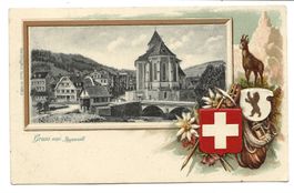 Gruss aus Appenzell (AI) Dorf mit Kirche  Passepartout-Litho