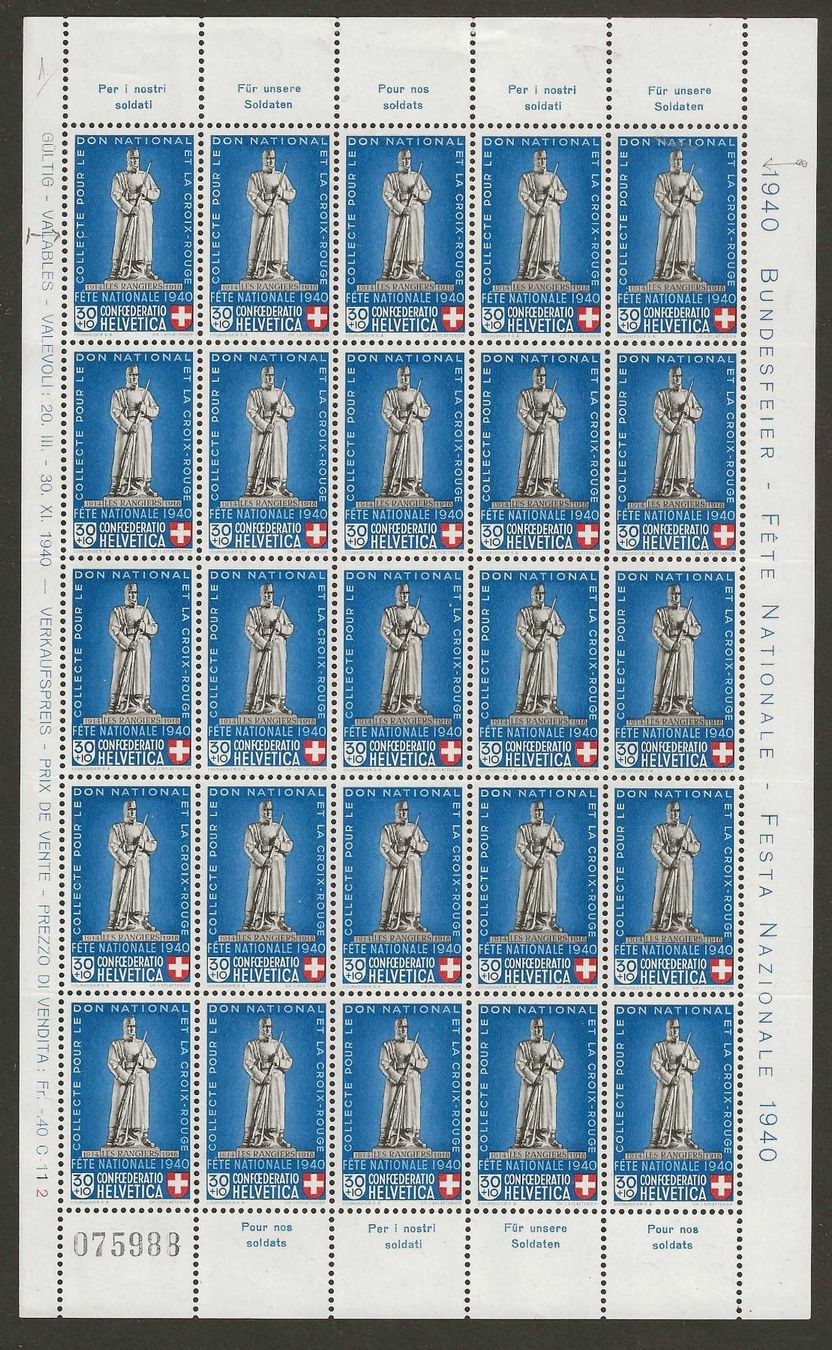Tutti i francobolli: 1940 : Pro Patria Nr. B6 im Bogen, postfrisch ** – Nuovo (secondo la descrizione) da Gümligen venduto da Geniusbuy