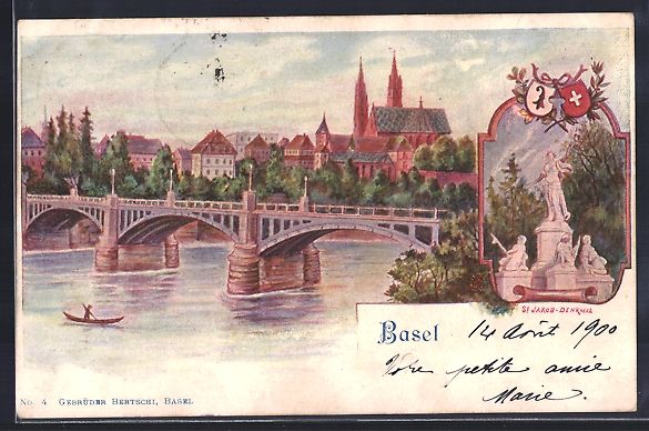 Cartoline postali: Litho Basel, Ortsansicht mit Wettsteinbr – Usato da Berlin venduto da bartko-reher