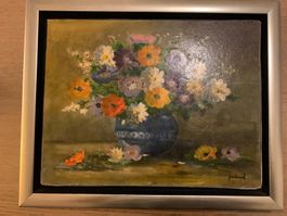 Tableau peinture fleurs vase signé
