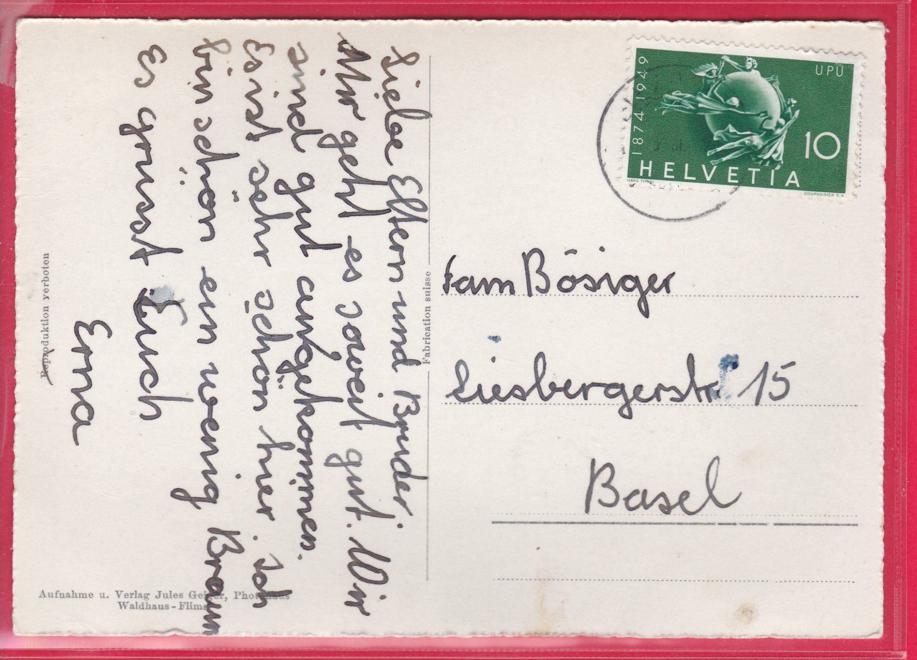 Ansichtskarten: MOTIV AUS BRIGELS, 1949 – Gebraucht aus Oberrieden von Gebirgsstelze 1