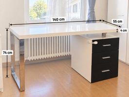 Schreibtisch Hochglanz Weiss/Schwarz mit Chromgestell & 3 Sc