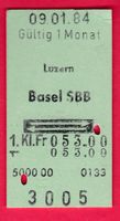 KARTON BILLETT, LUZERN - BASEL SBB, 1.KLASSE, RETOUR