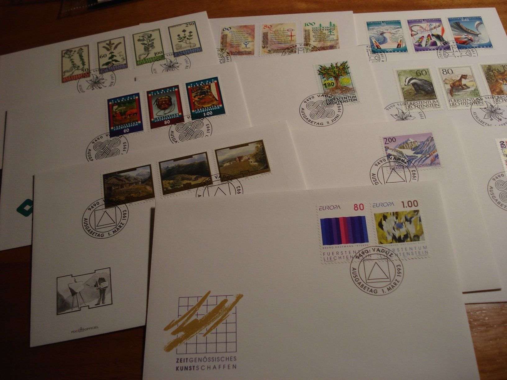 Alle Briefmarken: Liechtenstein Set FDC 1993, 10 Belege – Gebraucht aus Niederwil AG von morostahu 1