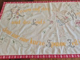 Wandtuch mit Stickerei Engel und Text Vintage