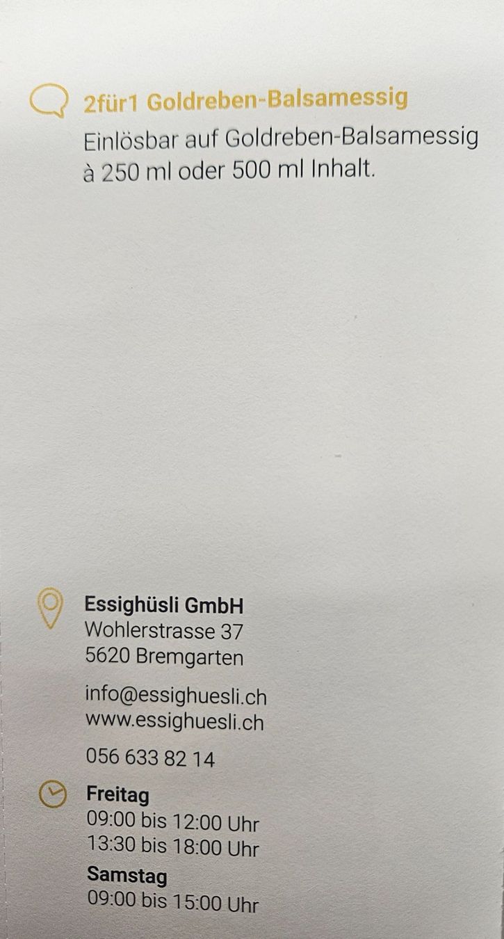 Gutscheine: Gratis Balsamessig Essighüsli Bremgarten – Neu und originalverpackt aus Uezwil von Jasmin_ 1