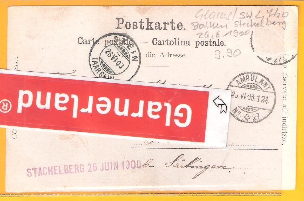 Cartoline postali: 28.6.1900 sw Litho/Glarus Baumgartenalp top Sicht – Usato da Zürich venduto da Hagliweg 2