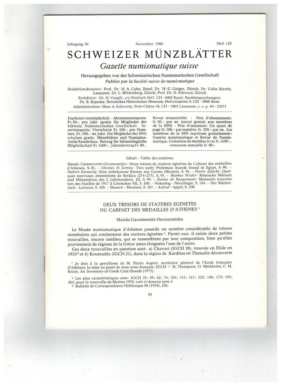 Revues & Magazines: Schweizer Münzblätter  Heft 120 – D'occasion à Biel-Benken BL par rud_yc8p