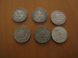 6 x 2 Franken Silber Schweiz, 1939,1943,1957,1958, 1963,1967