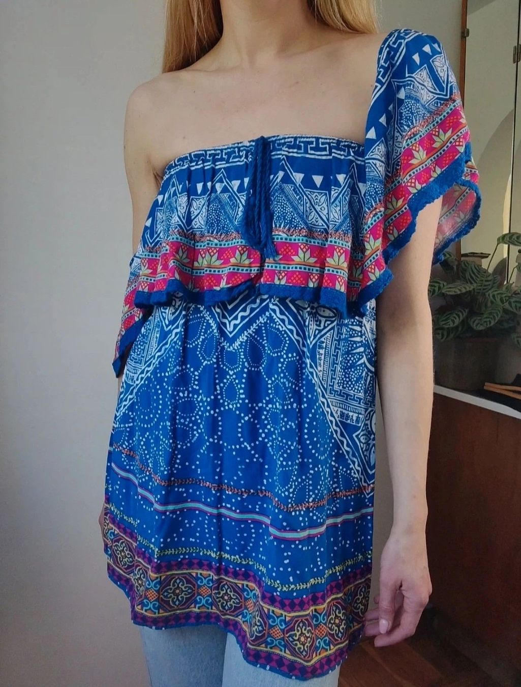Tuniche: Bunte Off-Shoulder tunika Hippie Blau gemustert – Usato da Zürich venduto da tsu_76bc 4
