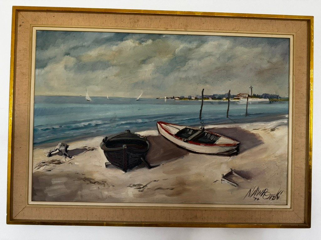 Gemälde: Ölgemälde Strand, Boote 1974 Nawrocki – Gebraucht aus Zürich von Tarafo5
