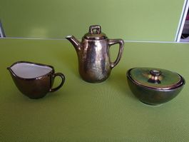 3 teil. kleines versilbertes Porzellan Espresso Kaffeeset